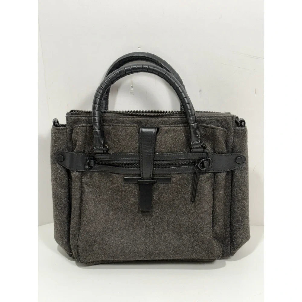 Elliott Lucca Black Gray Wool Satchel Purse Handles Shoulder Strap‎ Leather Trim